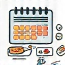 Icono de un calendario con diferentes tipos de alimentos, representando planes de alimentación.