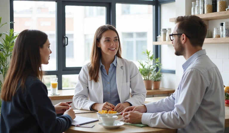 Personas interactuando con un nutricionista de forma segura, con iconos de privacidad alrededor.